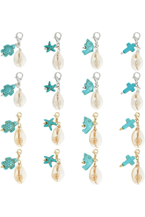 16 Pcs 8 Styles Seashell Charms Ocean Theme Dangle Charms with Lobster Clasp Natural Shell Zipper Pull Pendants with Turquoise Starfish Turtle Dolphin Bead