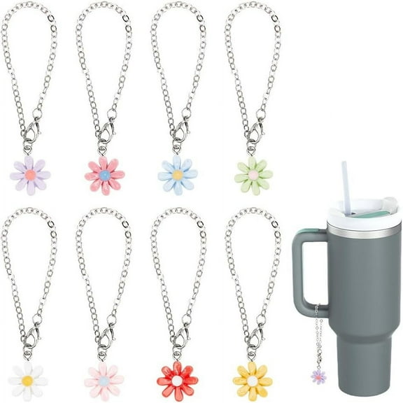 16 Pcs 8 Styles Water Bottle Charm Daisy Flower Handle Charm for Tumbler/Water Bottle Charms Alloy Enamel Cup Charms with Lobster Claw Clasps and Cable Chains for Tumbler Cup Accessories colorful