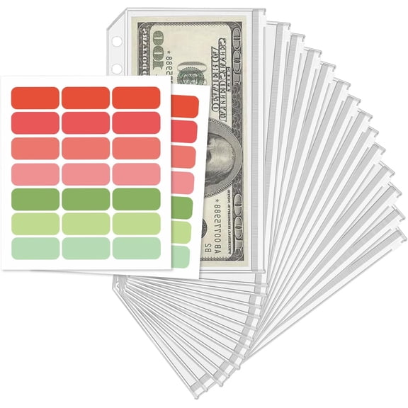 16 Pcs A6 Zippered Binder Envelope Pouches for 6-Ring Budget Cash System, Clear Inserts for Money Saving and Budgeting, With 42 Sticky Labels