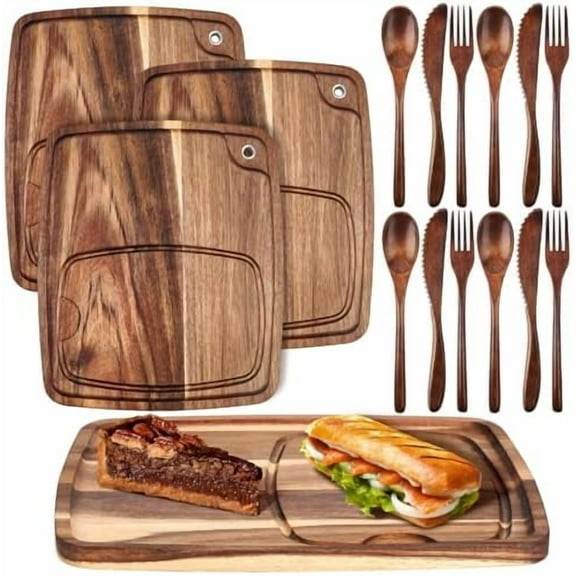 16 Pcs Acacia Wooden Steak Plates Board Serving Tableware Set Include Wooden Plates with Juice Channel, Knives, Forks and Spoons for Christmas Kitchen Gift for Steak Lovers