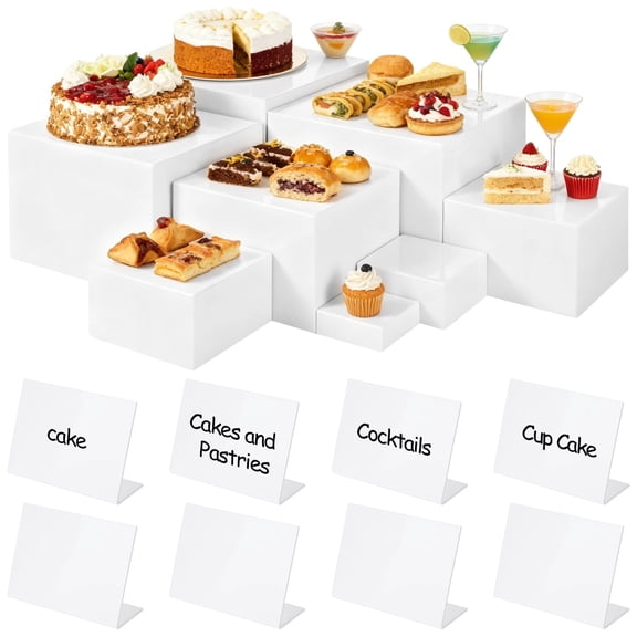 16 Pcs Acrylic Display Set, 8 Nesting Risers with Hollow Bottoms, 8 Stands, White Square Risers 3"-10" for Cakes, Cupcakes, Snacks, Elevate Party Table