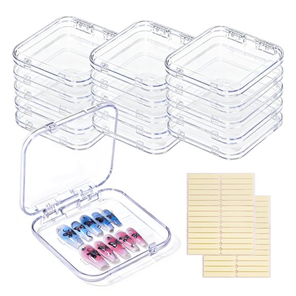 16 Pcs Acrylic Press on Nail Storage Box with Adhesive Double Sided Tape, Press on Nails Packaging Fake Nail Storages Case for Fake Nail Storage Nail Display Nail Salon