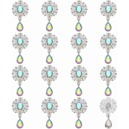 16 Pcs Alloy Rhinestone Brooch Buttons Rhombic Pendant 1.9x1Inch Oval AB Faceted Teardrop Charm Pendant for DIY Ornaments Clothing Decoration Accessories Silver