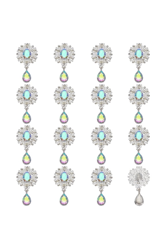 16 Pcs Alloy Rhinestone Brooch Buttons Rhombic Pendant 1.9x1Inch Oval AB Faceted Teardrop Charm Pendant