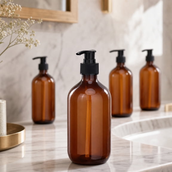 16 Pcs Amber Pump Bottles 16.91 oz, Refillable Plastic Soap Dispenser Bottles with Pump, Liquid Dispenser Containers for Bathroom Kitchen Countertop, Summer Home Organization and Travel Use
