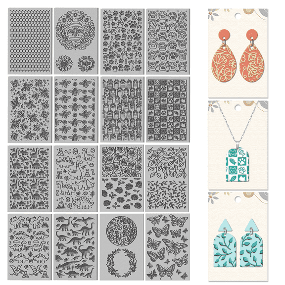 16 Pcs Animals Flowers Pattern Polymer Clay Texture Sheet Bees and Cats Patterns Rubber Clay Texture Mat 4 2.5 Inch