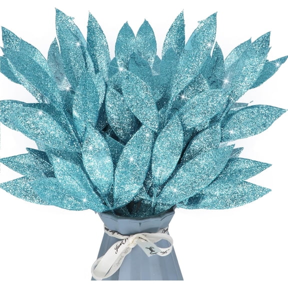 16 Pcs Artificial Glitter Leaves 13.8" Fake Plants Flower Branches Leaf Christmas Tree Picks Sparkling Fillers Sprays for Xmas Wreath Garland DIY Crafts Home Holiday Arrangement Decor
