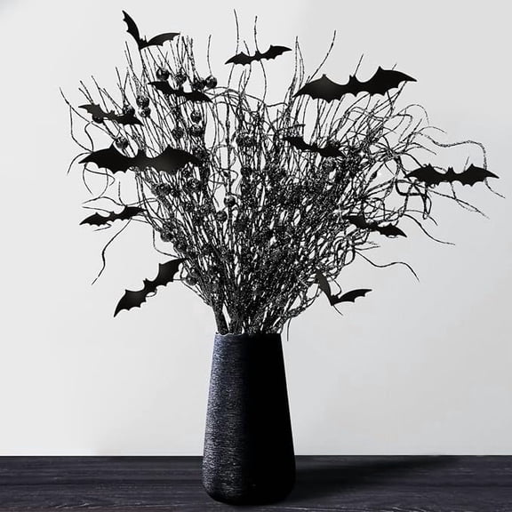 16 Pcs Artificial Halloween Branches Picks Ornaments with 12 Pcs Bats- Fake Black Berry Stems Curly Willow Branches- Faux Glitter Black Berries Twig Stems Sticks for Halloween Christmas Home Decor