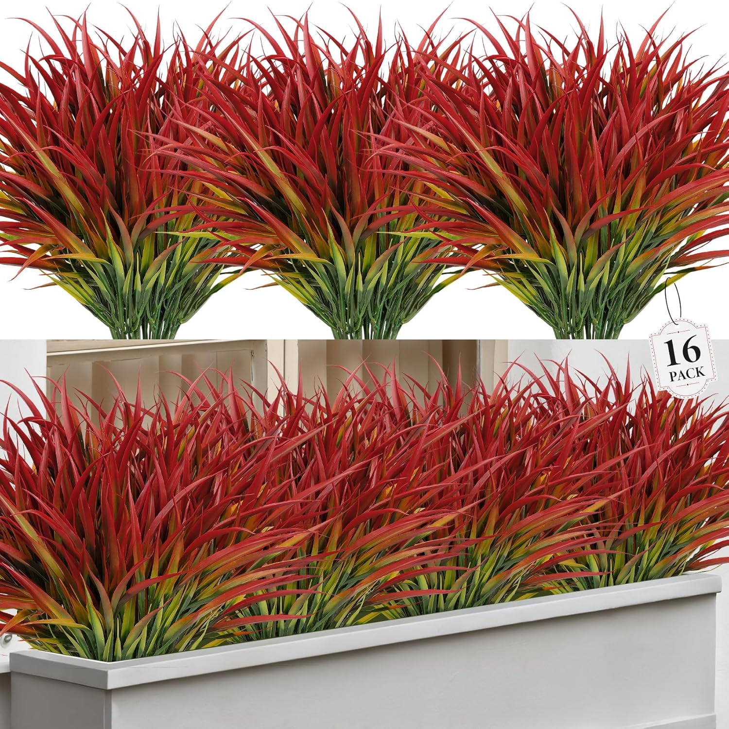 16 Pcs Artificial Plants Outdoor Fake Grass Faux Greenery Stems UV Resistant Plastic Plants Shrubs for Planters Patio Garden Front Porch Pathway Spring Summer Home Decor, Red