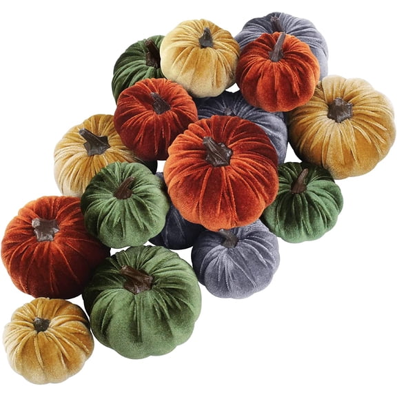 16 Pcs Assorted Small Faux Rustic Harvest Velvet Pumpkins Decorative Rust Orange Gold Olive Gray Fabric Pumpkins Foam Pumpkins Farmhouse Fall Thanksgiving Halloween Table Centerpiece Decor