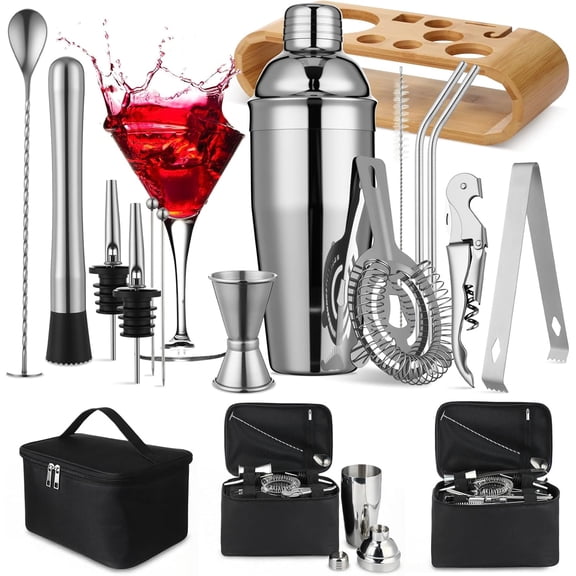 16 Pcs Bartender Kit Bag with Stand Portable Cocktail Shaker Set, 25oz Stainless Steel Barware Kit with Jigger, Strainer, Spoon, Ice Tongs, Gift for Cocktail Lover Travel