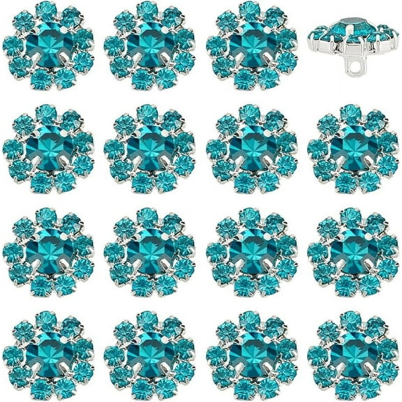 16 Pcs Blue Round Rhinestone Buttons (0.5 inch Silver Shank) DIY Making