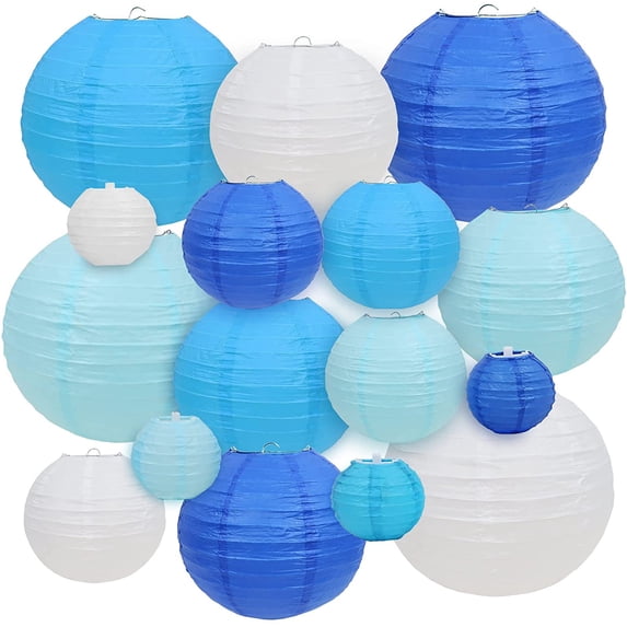 16 Pcs Blue‑White Paper Lanterns, Assorted Sizes 4”, 6”, 8”, 10” Round ...