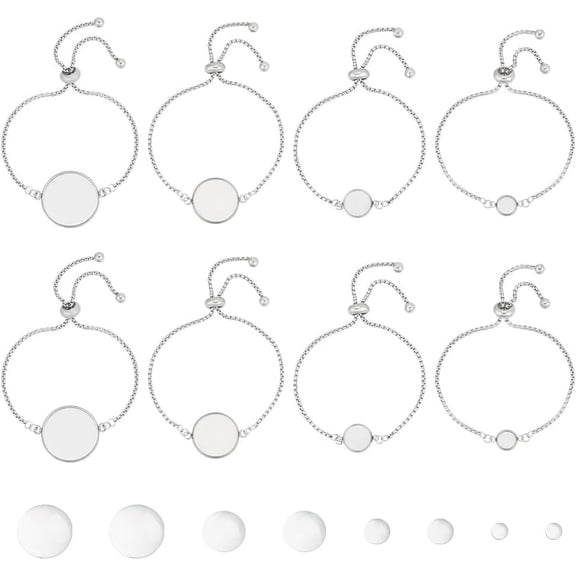 16 Pcs Bracelet Bezel Settings Kit Including 8 pcs 304 Stainless Steel Bezel Bracelets Blank Tray Bangles 8 pcs Flat Round Clear Glass Cabochons for Making 8/12.5/20.5/25.5mm