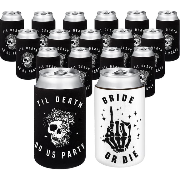 16 Pcs Bride or Die Bachelorette Party Beer Can Sleeves Till Death Do Us Party Favors 12 oz Beverage Sleeve Insulated Neoprene Drink Holders for Gothic Bridal Shower 1950s Rock Roll