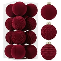 16 Pcs Burgundy Velvet Flocked Christmas Ball Ornaments, Multi-Textured Set with Metallic Top, Hanging Decor for Luxe Xmas Tree & Festive Arrangements
