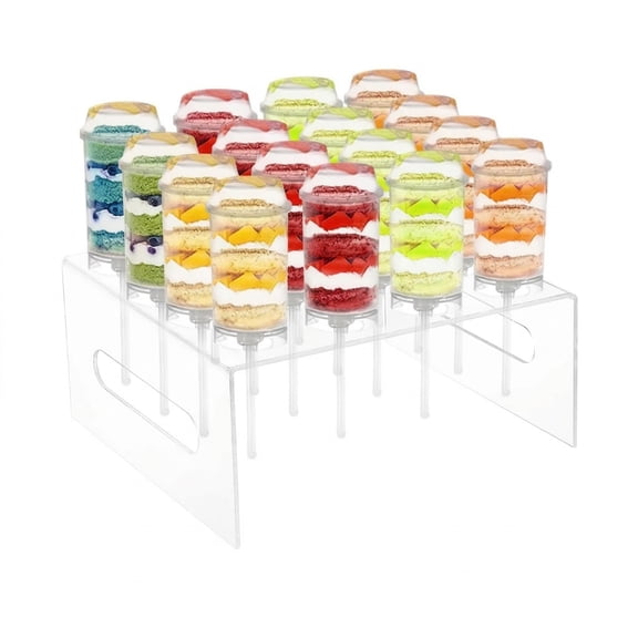 16 Pcs Cake Push Pop Containers Set - Clear Push-Up Cake Shooters with Lids & 4mm Heavy-Duty Acrylic Display Stand - Food-Grade Reusable Dessert Holders for Birthday, Wedding & Party