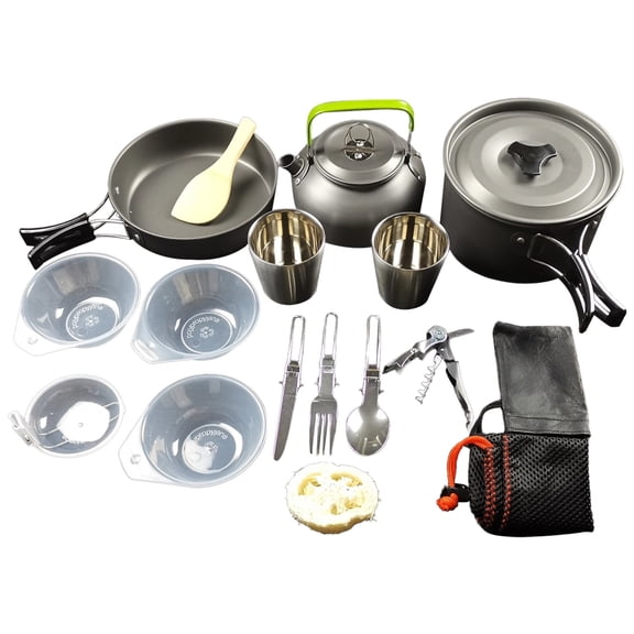 16 Pcs Camping Cookware Mess Kit, Outdoor Cooking Set with Kettle, Lightweight Pots and Pans, Folding Handle, FDA Certification, Cutlery Set, Utensils, Black