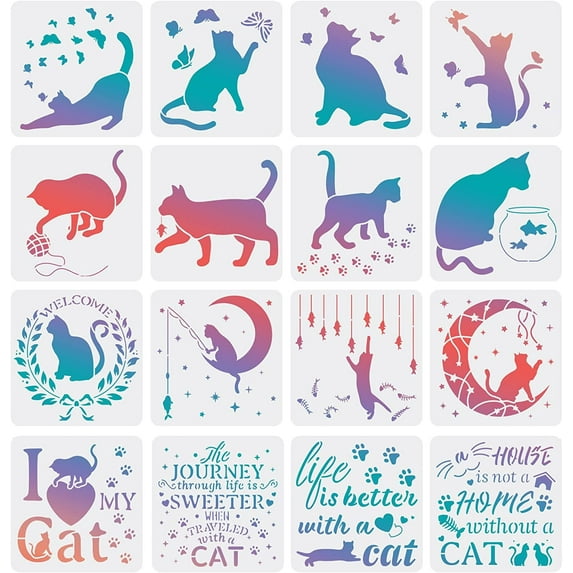 16 Pcs Cat Stencils 7.8x7.8inch Plastic Cat Butterfly Drawing Painting Sets Cat Letter Template Reusable Cat Moon Painting Stencils for Painting on Wood Floor Wall and Tile
