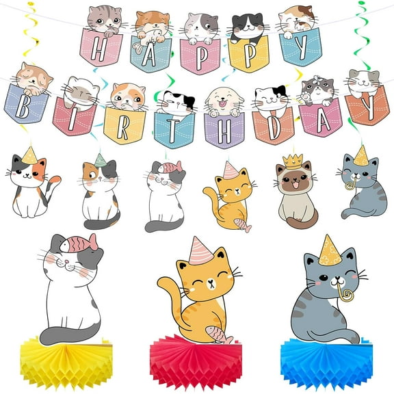 16 Pcs Cat Theme Birthday Party Decorations Party Supplies Kit, Includes Cat Party Banner with 6 Hanging Cutouts 6 Hanging Swirl Decor and 3 Birthday Honeycomb Party Decoration(Cartoon Style)