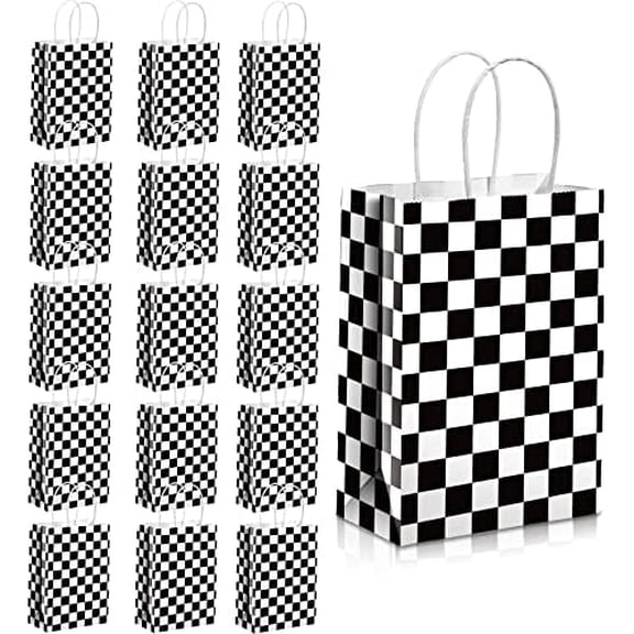 16 Pcs Checkered Racing Treat Bags Race Car Party Favors with Handles Black and White Checkered Flag Candy Goodie Gift Bags for Themed Birthday Party Supplies