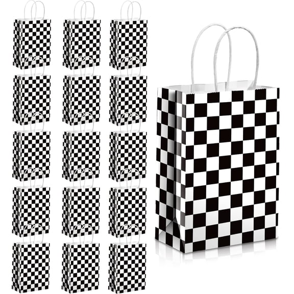 16 Pcs Checkered Racing Treat Bags Race Car Party Favors with Handles Black and White Checkered Flag Candy Goodie Gift Bags for Themed Birthday Party Supplies