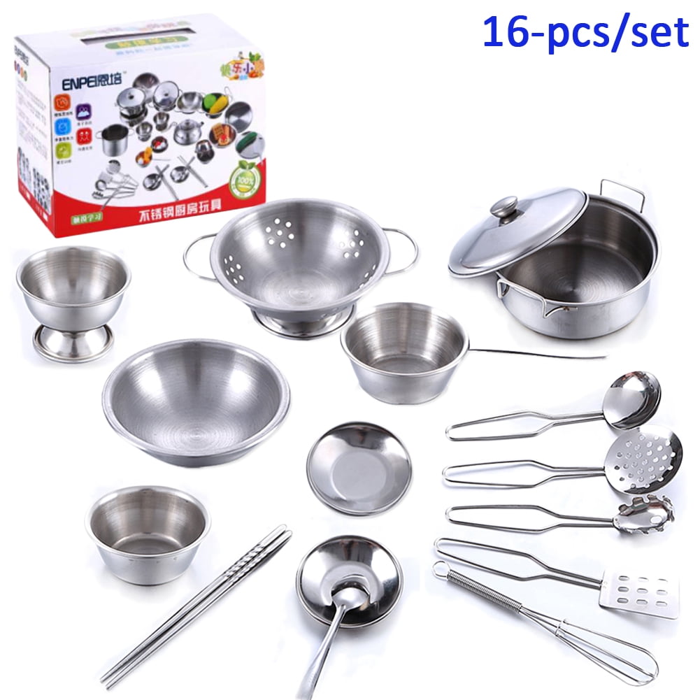 16 Pcs Children Kitchen Miniature Cooking Set Simulation Tableware  Stainless Steel Pretend Play Cook Toy