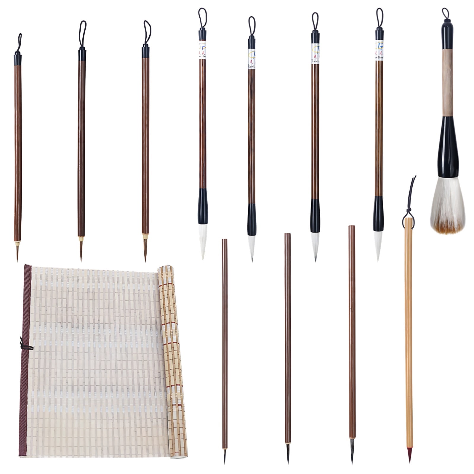 16 Pcs Chinese Calligraphy Brush, Wolf and Goat Hair Brushes with Wood Roll, Assorted Sizes for Gongbi and Xieyi Painting, Ideal for Calligraphy Watercolor and Landscape Art