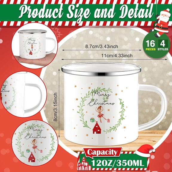 16 Pcs Christmas Enamel Coffee Mugs with Silver Rim - 12oz Xmas Hot Chocolate Mugs for Winter Gifts