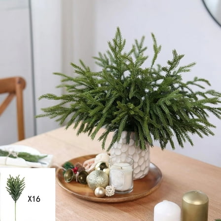 16 Pcs Christmas Norfolk Pine Branches, 18 Inch Real Touch Artificial Norfolk Pine Branch Faux Cedar Pine Stem Fake Greenery Pine Picks for Vase DIY Garland Wreath Home Decoration