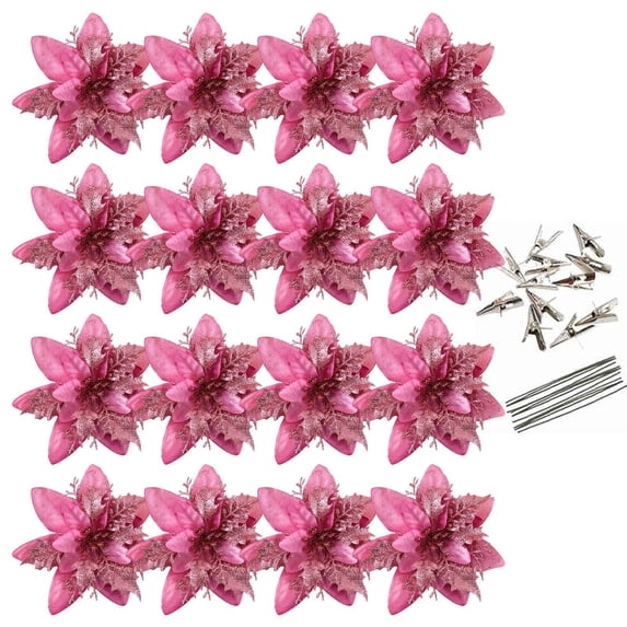 16 Pcs Christmas Poinsettia Artificial Flowers Decorations, 5.5" Christmas Tree Wreaths Garland Decor with Clips and Stems, Glitter Flowers Picks Decor for Xmas New Year Wedding Party Ornaments