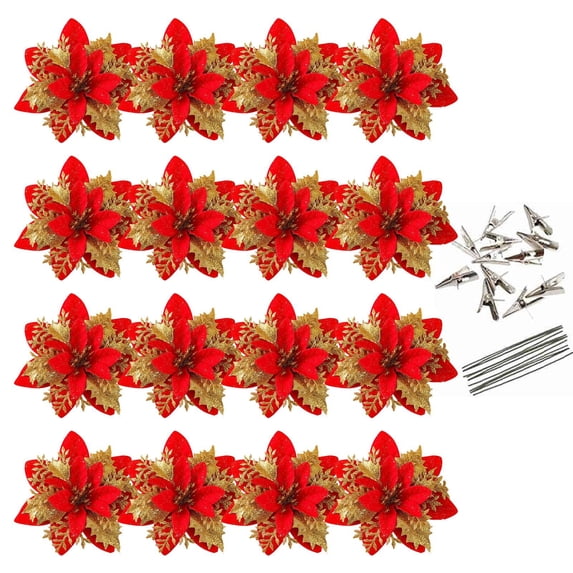 16 Pcs Christmas Poinsettia Artificial Flowers Decorations, 5.5" Christmas Tree Wreaths Garland Decor with Clips and Stems, Glitter Flowers Picks Decor for Xmas New Year Wedding Party Ornaments