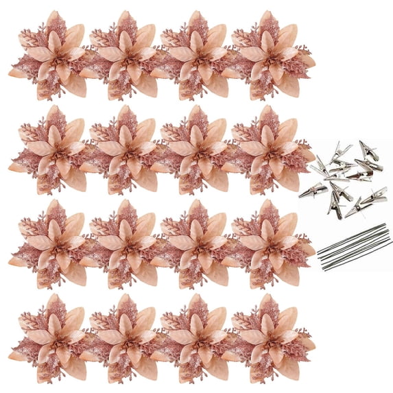 16 Pcs Christmas Poinsettia Artificial Flowers Decorations, 5.5" Christmas Tree Wreaths Garland Decor with Clips and Stems, Glitter Flowers Picks Decor for Xmas New Year Wedding Party Ornaments