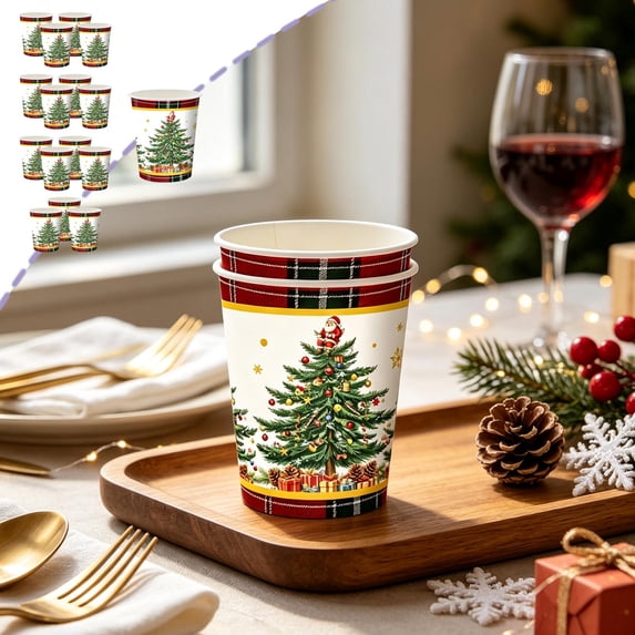 16 Pcs Christmas Tree Red Black Buffalo Plaid Paper Cups, Christmas Party Supplies, Disposable Tableware, for Xmas Holiday Party Table Decor(A)