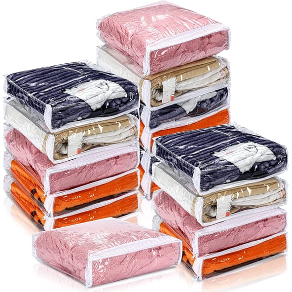 16 Pcs Clear Zippered Storage Bags Plastic Sweater Bags with Zipper 10 x 10 x 2.5 Inch Vinyl Sheet Organizer and Storage for Clothing Blankets Sheet Linen Bed Pillow Cube Organizer