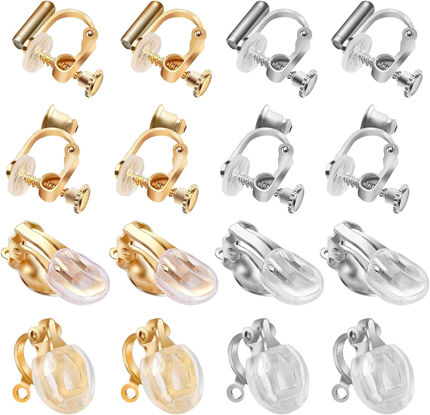 16 Pcs Clip on Earring Converter with Silicon Earring Pads, Gold Silver Round Flat Back Tray Earring Clip, and Converter Components with Post for DIY Earring Making for Women Men None Pierced Ears - image 1 of 5