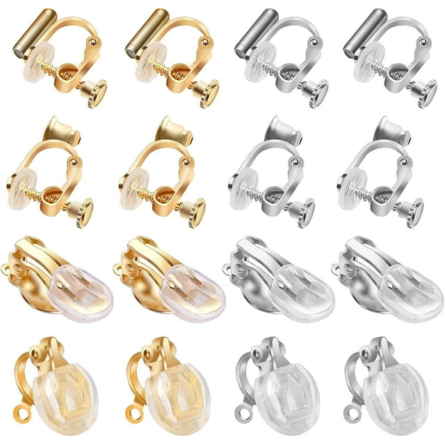 16 Pcs Clip on Earring Converter with Silicon Earring Pads, Gold Silver Round Flat Back Tray Earring Clip, and Converter Components with Post for DIY Earring Making for Women Men None Pierced Ears