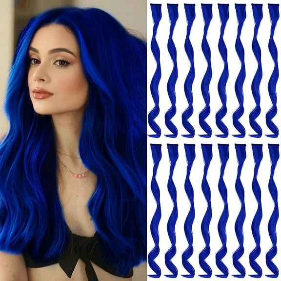 16 Pcs Colored Hair Extensions Curly Wavy Clip in Synthetic Hairpiece Streak for Girls Women Kid, Multi-colors Party HigFrifoshsights (Blue)