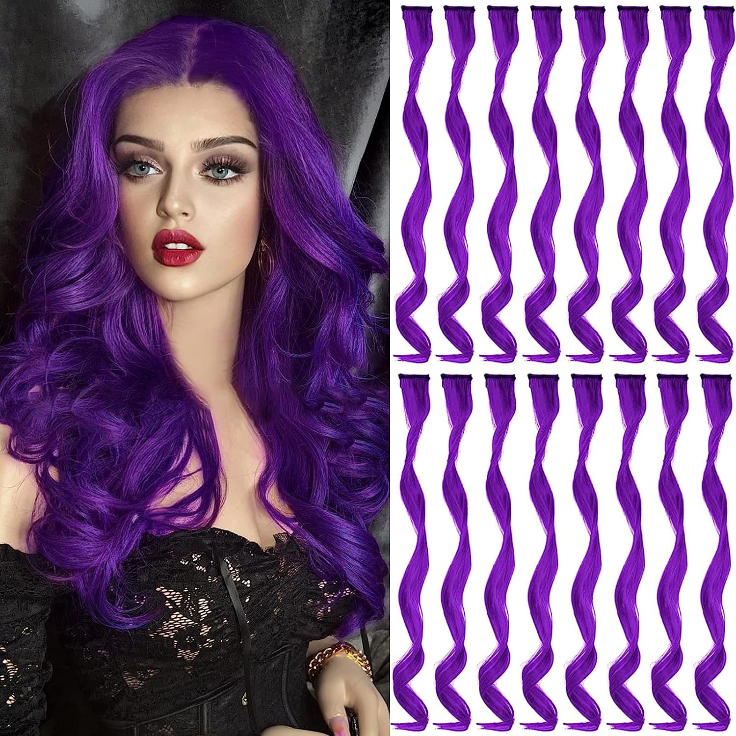 16 Pcs Colored Hair Extensions Curly Wavy Clip in Synthetic 