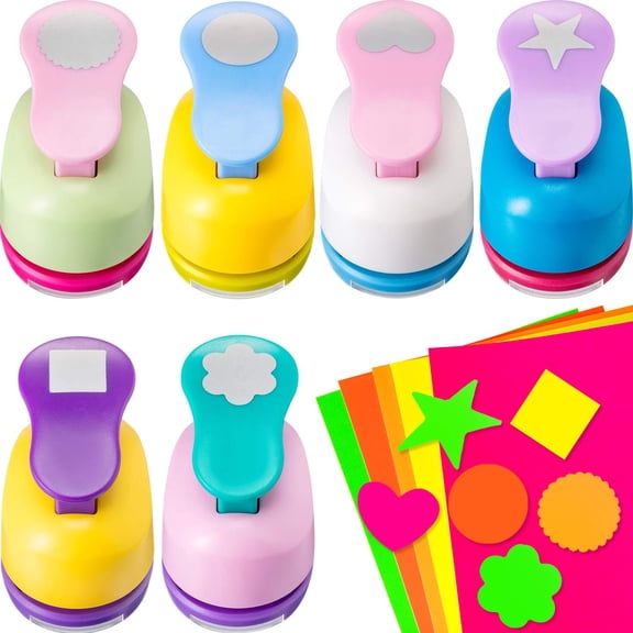 16 Pcs Craft Holes Punch Paper Punchers Scrapbook Punches with Sticker Paper, Round, Star, Square, Heart, Flower, Wave Circle Shape(1 Inch,Multiple Styles)