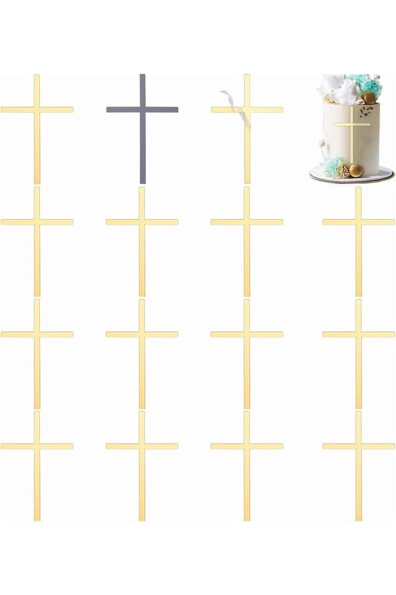 16 Pcs Crossing Cupcake Toppers 5.98x3.81x0.03inch Golden Color Mirror Acrylic Wedding Cake Decoration Baptism Cake Toppers Religious Celebration Charm for Party