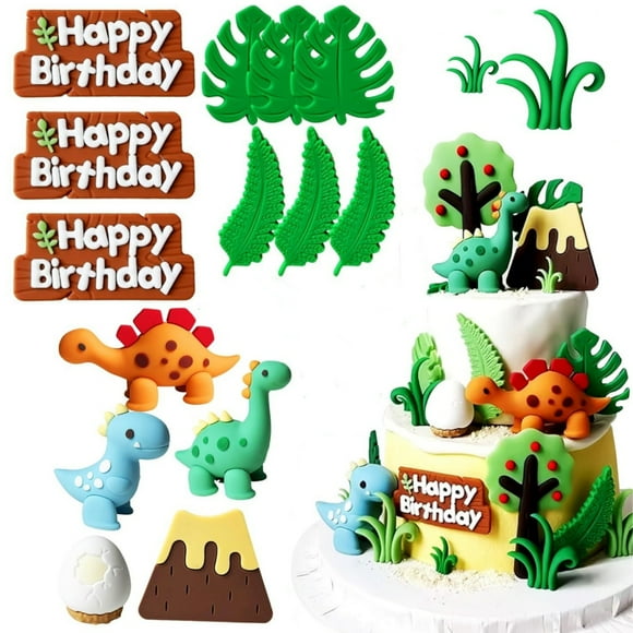 16 Pcs Dinosaur Cake Topper, Dingrich 2inch Small Dinosaur Eggs Leaves Grasses Cake Decorations with Happy Birthday Sign Cake Toppers for Birthday Party Decorations, Animal Themed Party