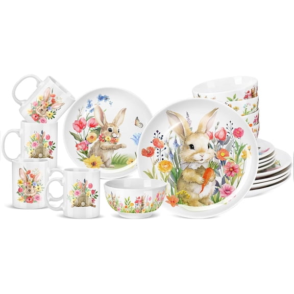 16 Pcs Easter Bunny Dinnerware Set Ceramics Rabbit Dishware Include 10 Inch Dinner Plate 7 Inch Salad Plate 5" Cereal Bowl 16 oz Coffee Mug for Holiday Dinner Party, Service for 4