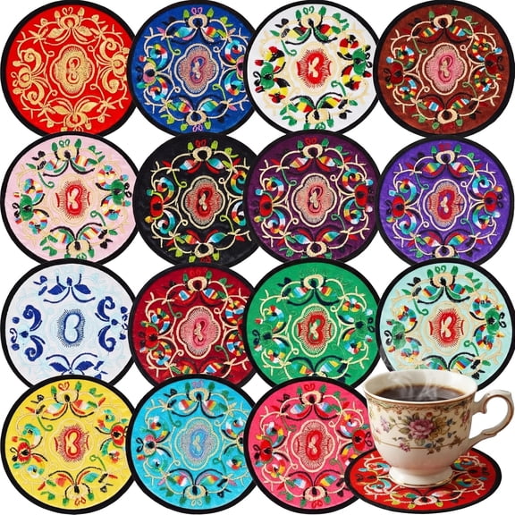16 Pcs Embroidery Fabric Coasters 5.12 Inch Round Vintage Boho Mexican Ethnic Floral Thick Silk Cloth Absorbent Non-Scratch Cup Mats for Home Decor Housewarming Gift, Mixed Colors