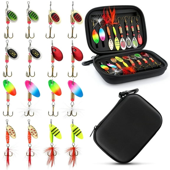 16 Pcs Fishing Lures Kit, Spinner Baits Spoons Rooster Tails with Treble Hooks for Trout Bass Salmon, Freshwater Saltwater Fishing Gear Set, Gift for Men Dad