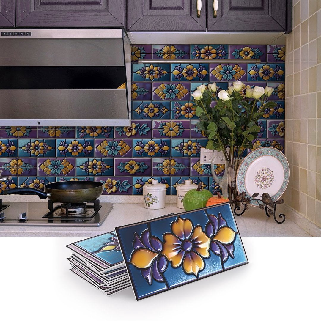 16 Pcs Foaming Board Vinyl Tiles Stickers Wall Decals 8" x 4" Purple Blue Yellow Flowers Pattern Mural Waterproof Peel and Stick Backsplash