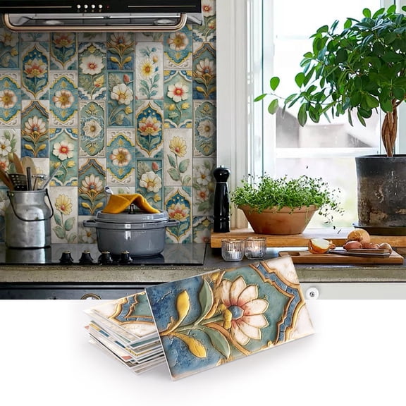 16 Pcs Foaming Board Vinyl Tiles Stickers Wall Decals 8" x 4" Waterproof Peel and Stick Backsplash Flowers Pattern DIY Decor Mural