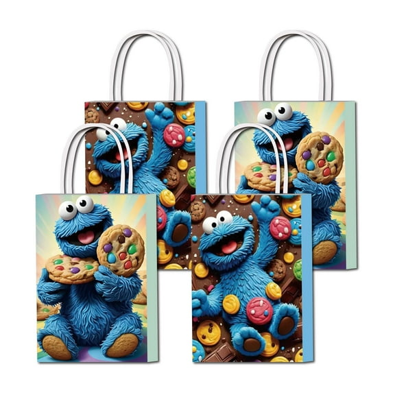 16 Pcs For Cookie Monster Cartoon-Themed Party Favor Bags – 2 Styles Paper Gift Bags with Handles for Celebrations and Event Decor