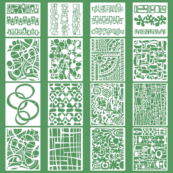 16 Pcs Geometric Texture Stencil for Painting on Wood Wall Furniture Tile, 2 Sizes Reusable PET Craft Template Set (8"x8" & 10"x8")