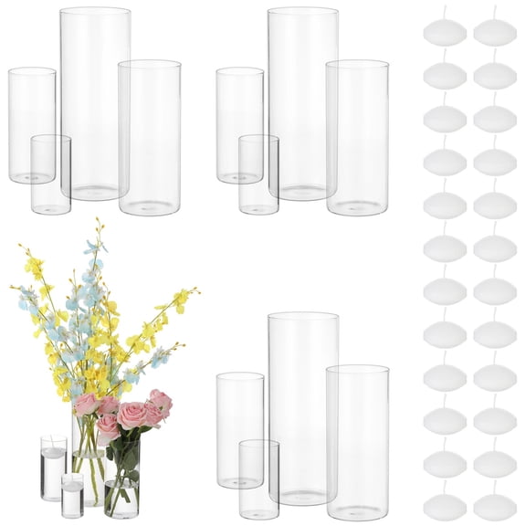 16 Pcs Glass Cylinder Vases Set with 24 Floating Candles, Nesting Design Glass Vases for Centerpieces, Versatile Glass Candle Holder for Wedding, Anniversary, Home Decor